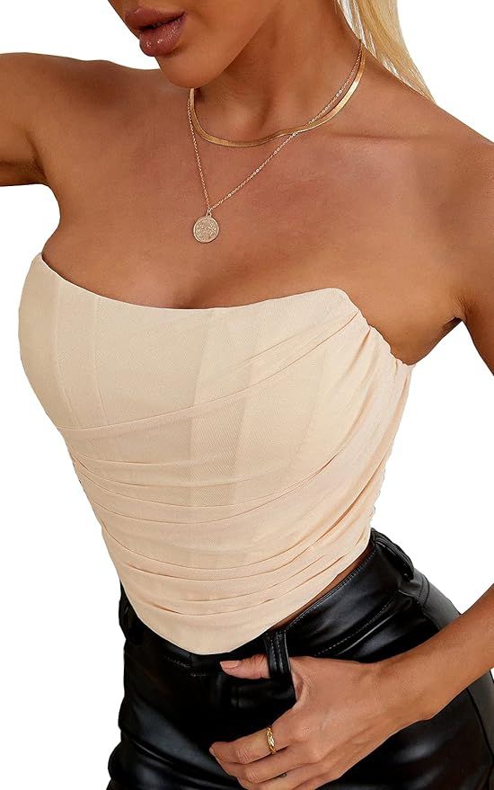 Mesh Corset Crop Top Bustier Underbust Boned Backless Sleeveless Strapless Off Shoulder Aesthetic... | Amazon (US)