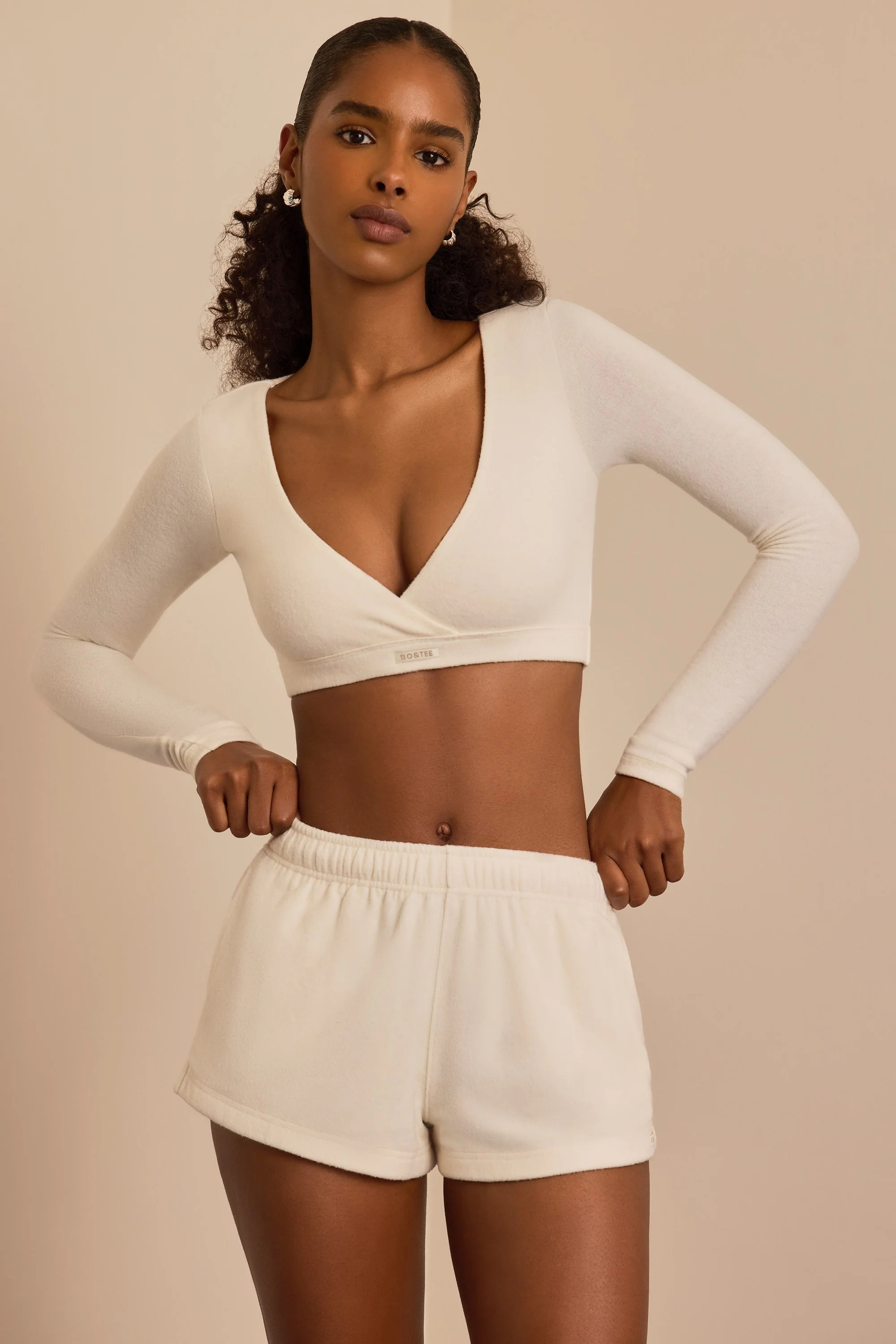 Brushed Jersey Wrap Crop Top in Ecru | Oh Polly