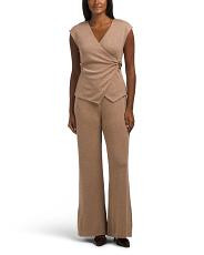 2Pc V-Neck Top With Side Metal Clasp And Wide Leg Pants Set For Women, Spandex/Polyester/Gold | TJ Maxx