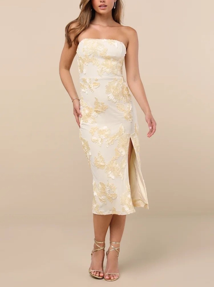 Inspired by romantic garden elegance, the Kattalin Cream Floral Appliqué Strapless Midi Dress combines delicate floral details with a timeless strapless silhouette for a look that feels effortlessly graceful. The soft cream hue and dimensional appliqués create a beautifully feminine statement perfect for special occasions. ON SALE for a limited time only and under $70.

Keywords:

* cream midi dress
* floral appliqué dress
* strapless midi dress
* cream floral dress
* bridal shower dress
* garden party dress
* wedding guest dress
* romantic midi dress
* feminine occasion dress
* elegant midi dress
* floral occasion dress
* luxury daytime dress
* afternoon tea outfit
* spring event dress
* quiet luxury fashion
* sophisticated dress
* bridal brunch outfit
* romantic fashion
* special occasion wear

#LTKSaleAlert #LTKWedding #LTKTravel