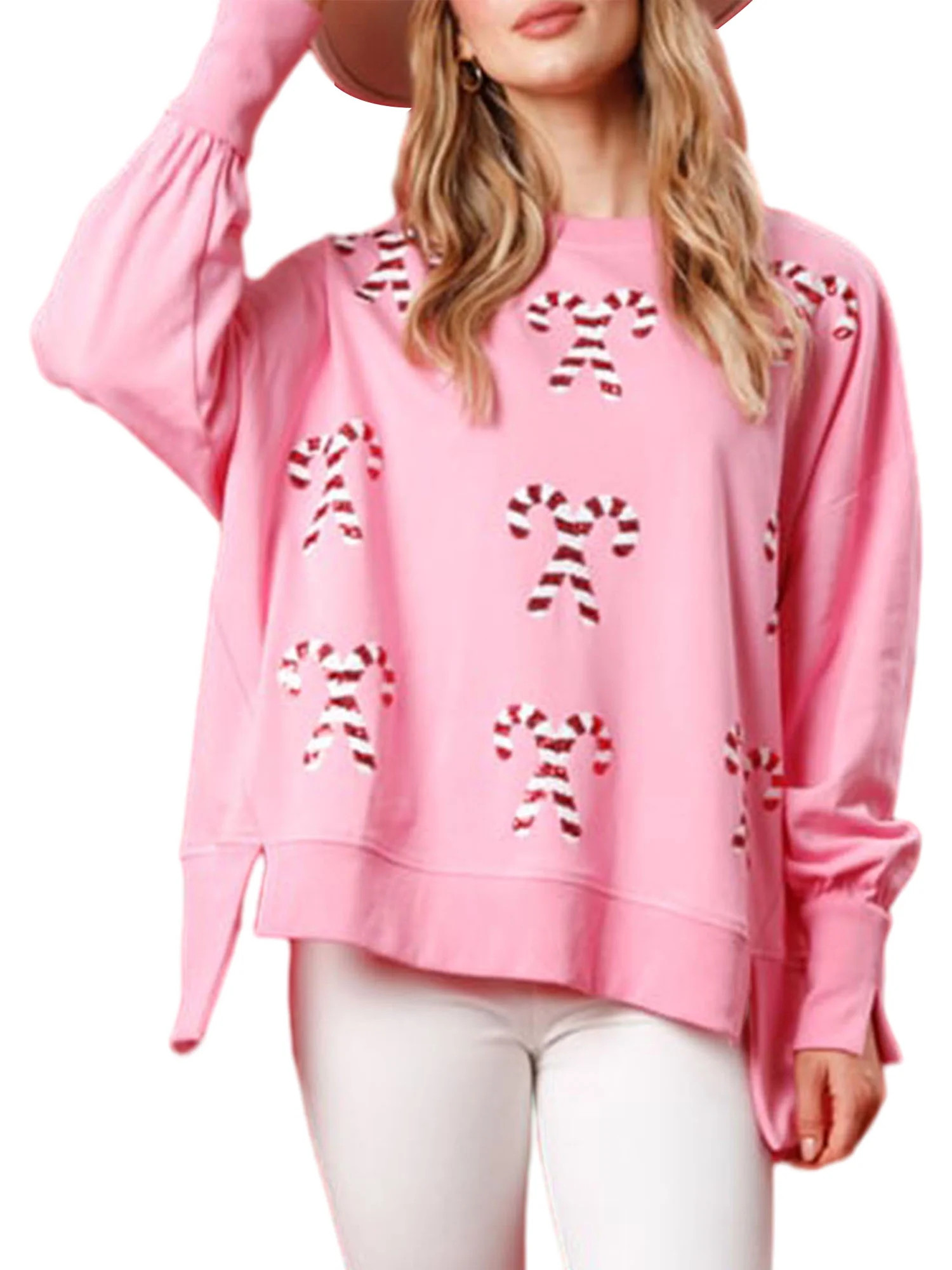 FEORJGP Women’s Christmas Sweatshirts Long Sleeve Pullovers Sparkle Candy Cane Print Jumpers Cr... | Walmart (US)