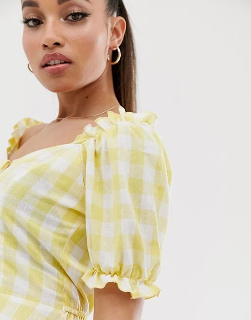 Miss Selfridge Petite linen dress with puff sleeves in yellow check | ASOS US