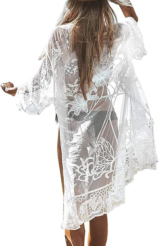 Women's Flowy Bathing Suit Kimono Cardigan Lace Crochet Swimwear Floral Cover Ups | Amazon (US)