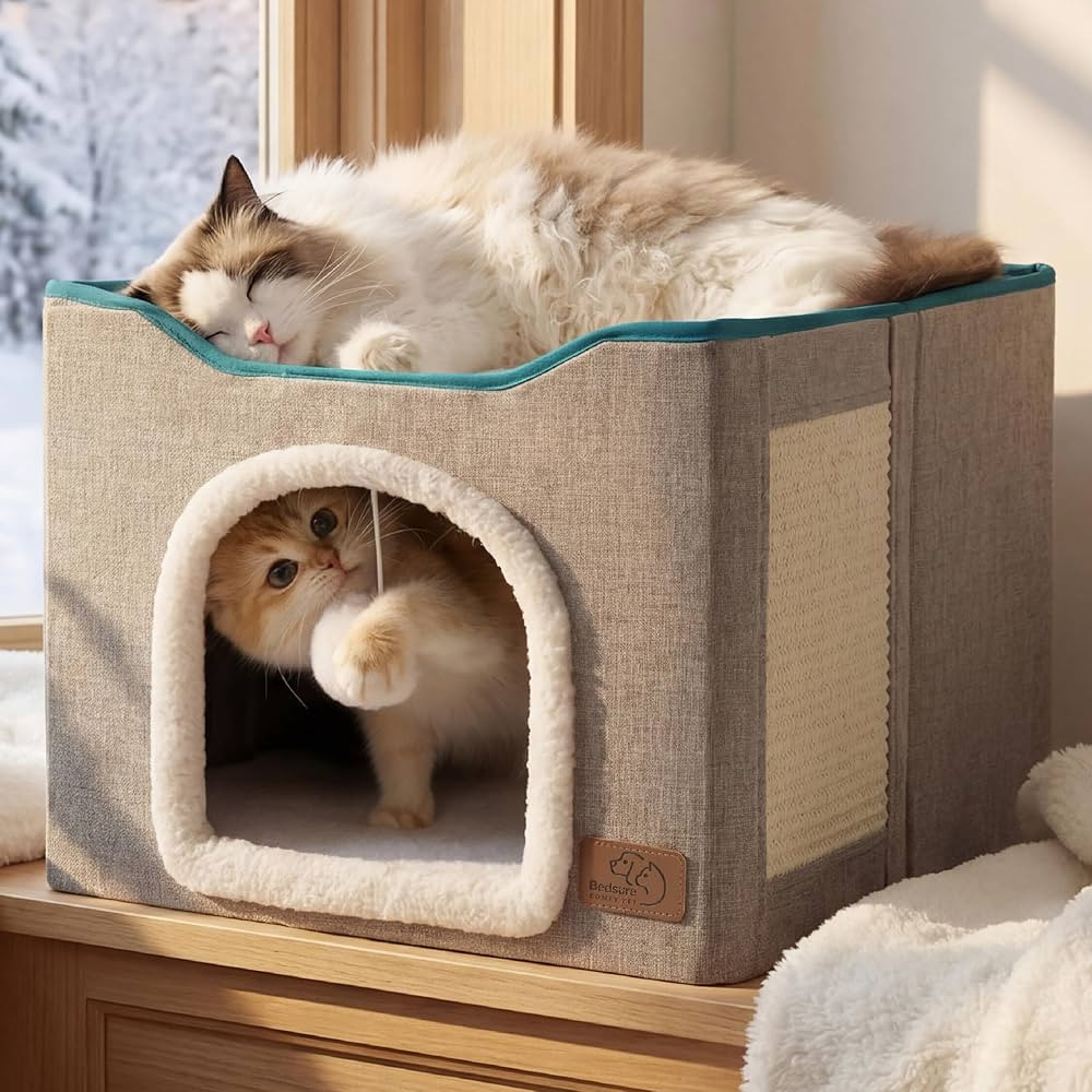Bedsure Cat Beds for Indoor Cats - Large Cat Cave for Pet Cat House with Fluffy Ball Hanging and ... | Amazon (US)