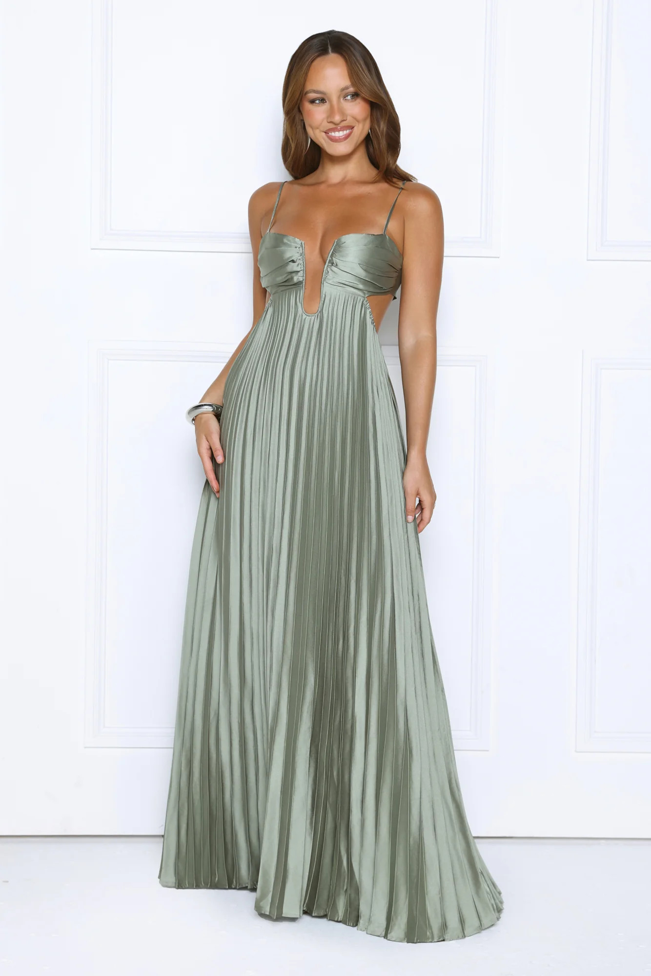 Just One More Look Satin Pleated Maxi Dress Sage | Hello Molly (US)