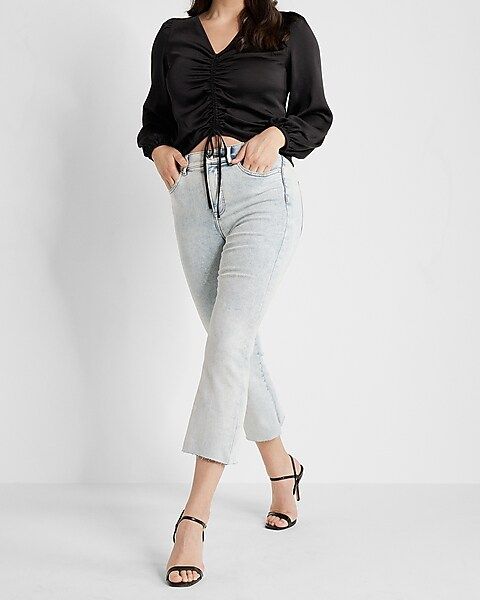 High Waisted Light Wash Raw Hem Cropped Flare Jeans | Express