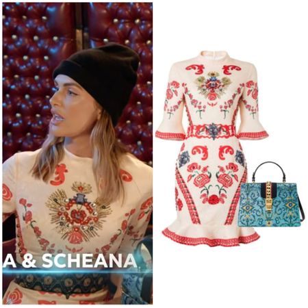 Lala Kent’s Red and White Printed Dress // Blue Patterned Bag Sold Out by Gucci