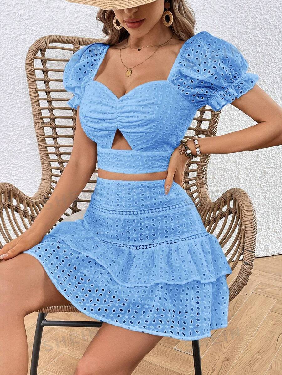 SHEIN VCAY Women's Sweetheart Neckline Hollow Out Short Puff Sleeve Top With Ruffle Hem Skirt Two... | SHEIN