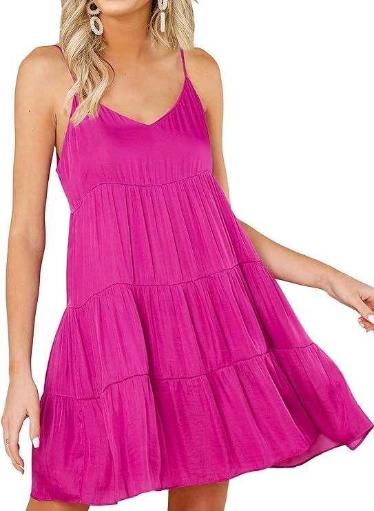 KIRUNDO 2021 Summer Women’s Spaghetti Straps Mini Dress Sleeveless Solid V-Neck Backless Casual... | Amazon (US)