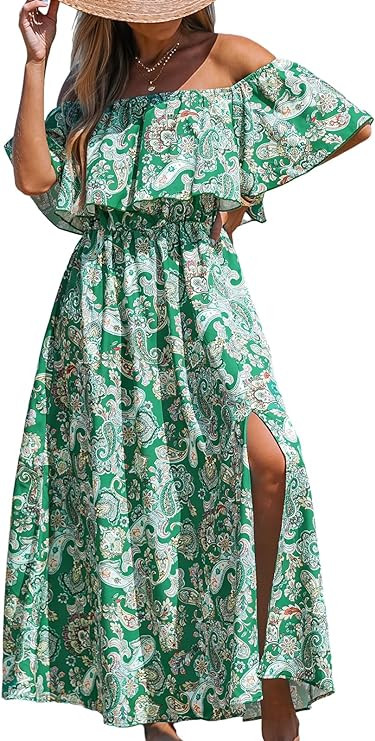 CUPSHE Women Ruffle Floral Maxi Summer Dress Off Shoulder Short Sleeve Backless Flounce Bodice Sl... | Amazon (US)
