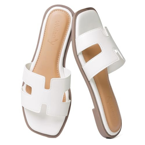 vivianly Women's Square Open Toe Flat Sandals Comfortable Slip On Slide Sandals Casual Dressy Summer Shoes for Beach Vacation Daily Wear White Size 11 | Amazon (US)
