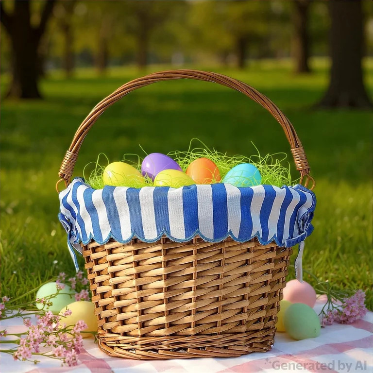 Round Willow Basket with Scalloped Stripe Liner, Natural Brown/Blue/White, 11.5" x 8", Easter by ... | Walmart (US)