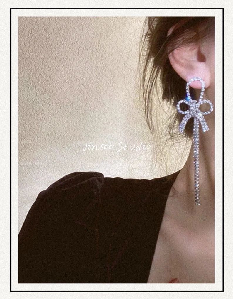 Shiny Bow Earrings｜full drill bowknot earring｜individual character exaggerates long tassel | ... | Etsy (US)