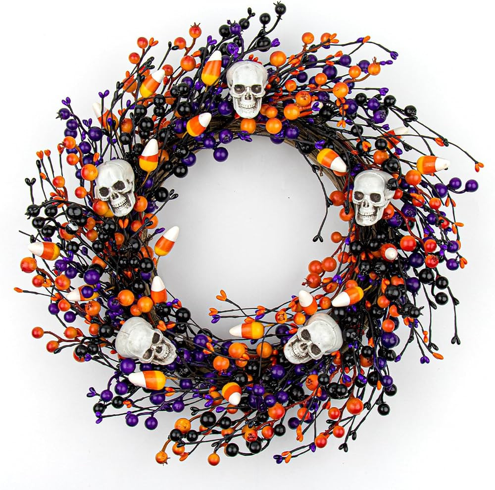 Halloween Wreaths for Front Door 20 Inch Halloween Wreath Artificial Skull Wreath with 3 Colors B... | Amazon (US)