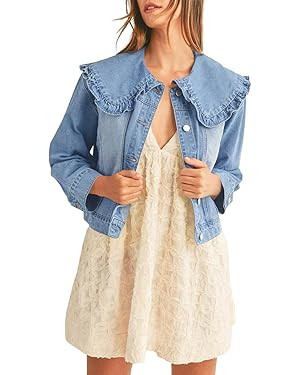Takaneo Womens Denim Jacket Peter Pan Collar Cute Cropped Long Sleeve Shirts Jean Coat with Pocke... | Amazon (US)