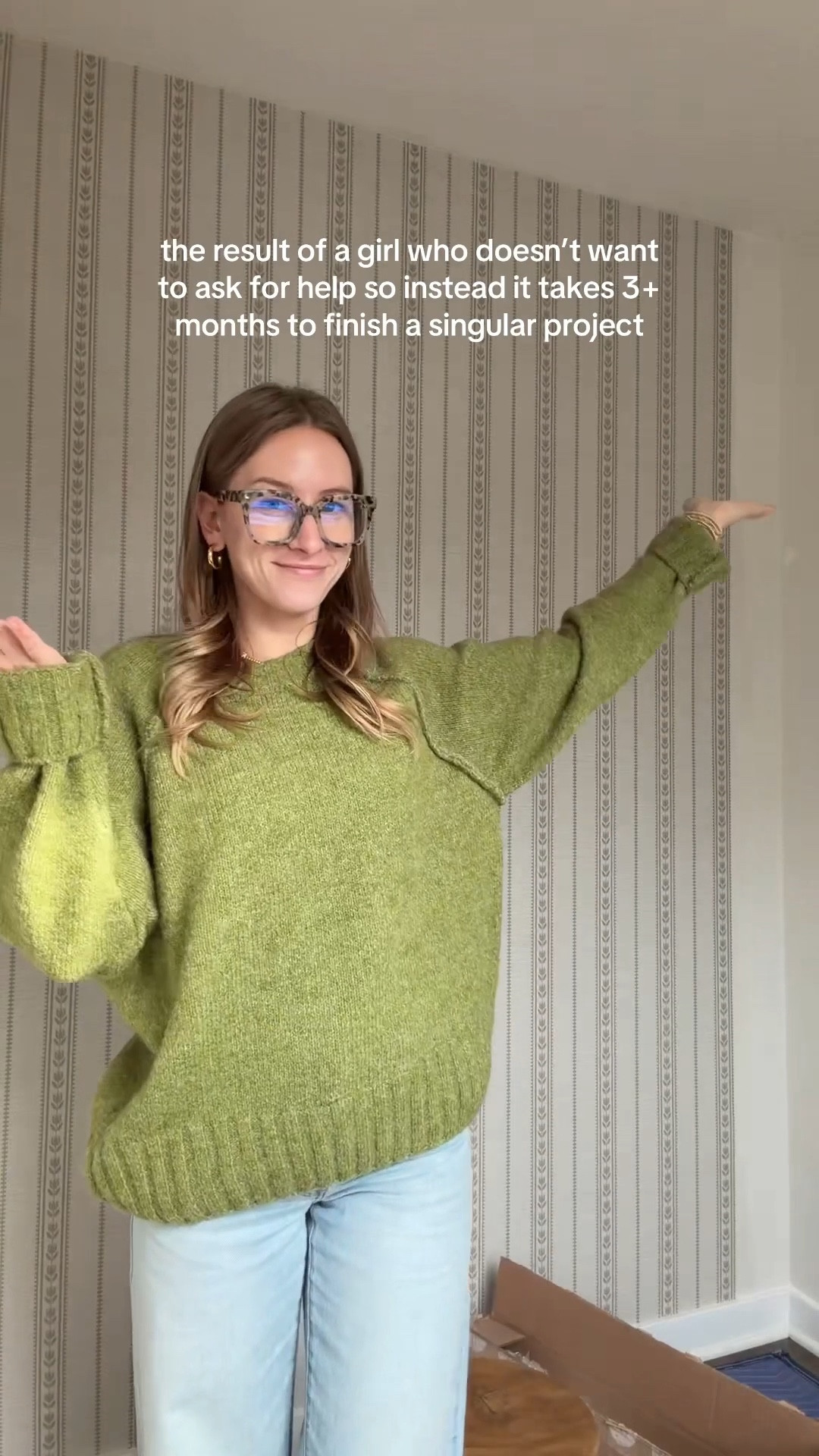 1/7/26 The very real side of DIY home projects 🤍 wallpapering my tiny get-ready room has taken me months because I wanted to do it myself and didn’t prioritize it—but we’re finally making progress. Sharing the reality of doing a home project solo, one slow step at a time. Wallpaper from Chasing Paper (can’t link) but linked my Amazon blue light glasses, Levi’s jeans, and my Anthropologie green sweater.

#LTKootd #LTKHome