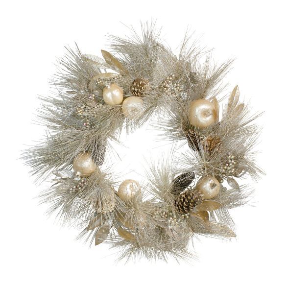 Northlight Champagne Gold Pomegranate and Apple Pine Needle Christmas Wreath - 24-Inch, Unlit | Target