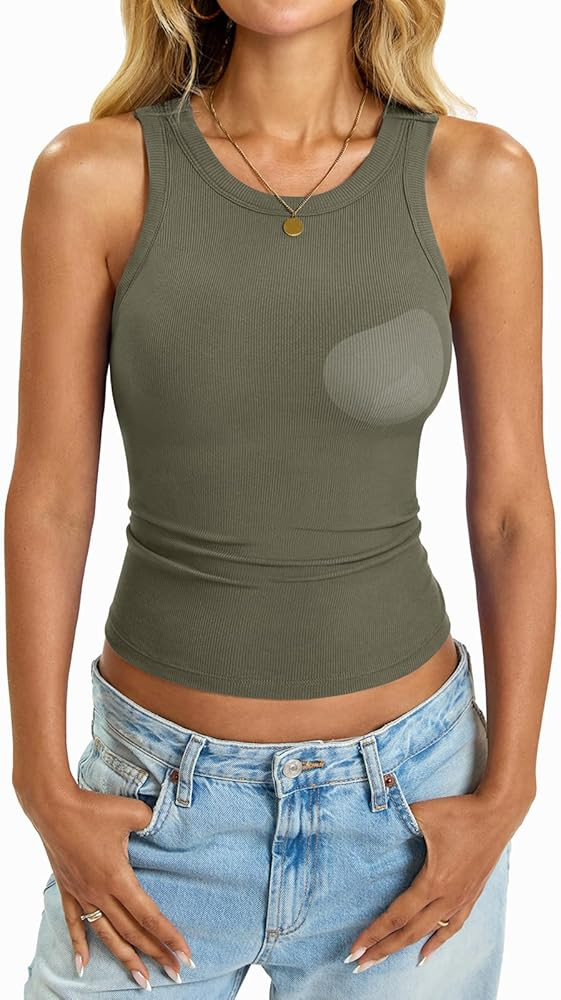 Womens Built in Shelf Bra Tank Tops Padded Ribbed High Neck Shirts Slim Fitted Basic Summer Sleev... | Amazon (US)