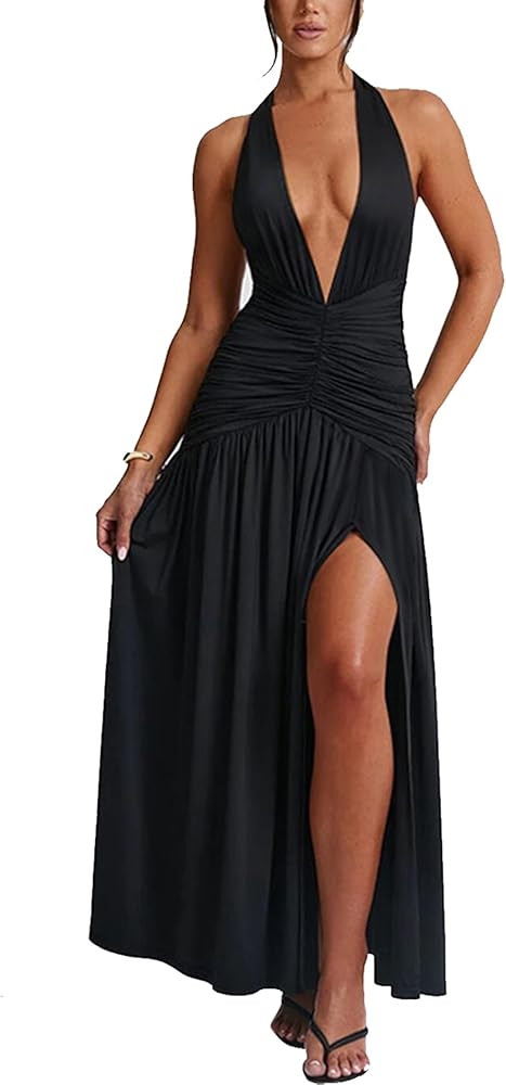 Ekaliy Women's Sexy Halter Deep V Neck Maxi Dress Sleeveless Backless High Slit Ruched Long Dress... | Amazon (US)