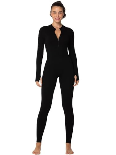 Sunzel Long Sleeve Jumpsuits for Women, Ribbed One Piece Casual Yoga Workout Zip Front Bodysuits, Legging Fit & Thumbhole 25" Black Small | Amazon (US)