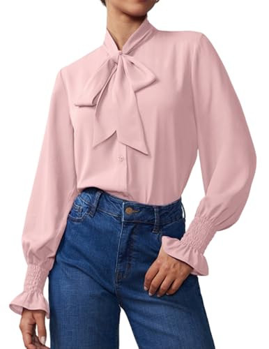 Women's Long Sleeve Bow Tie Neck Dressy Casual Smocked Cuffed Button Down Shirts 2026 Modern Business Office Work Tops Pink Chiffon Blouse | Amazon (US)