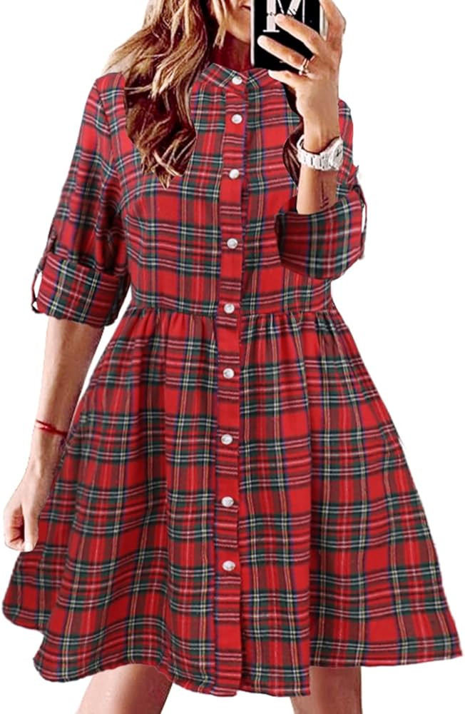 FANCYINN Women's Gingham Stand Collar Shirt Dress Button Down Casual Long Sleeve Tie Sleeves Mini... | Amazon (US)
