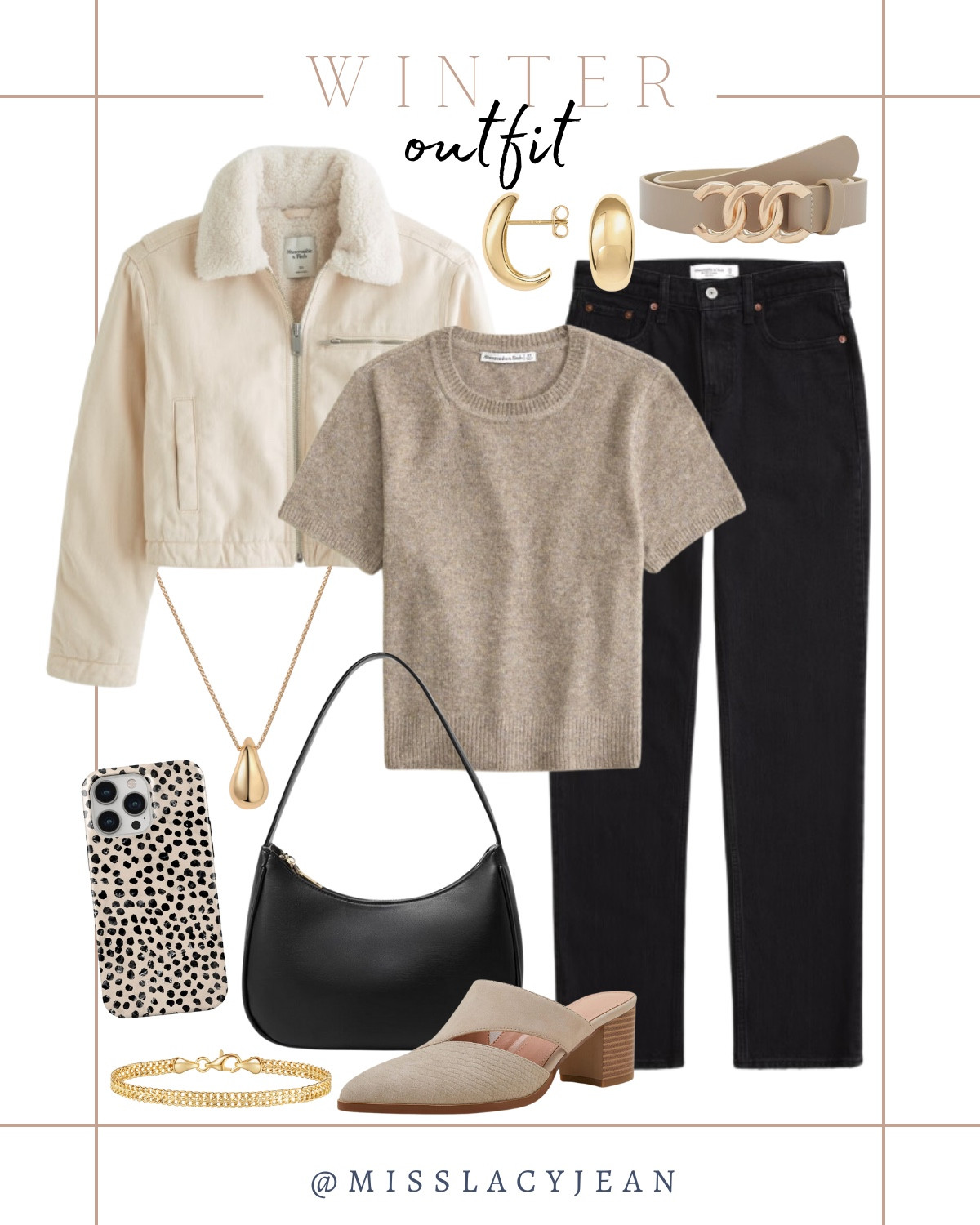 Winter outfit includes black jeans, crew sweater tee, jacket, gold earrings, belt, mules, gold bracelet, black purse, cell phone case, gold necklace.

Casual outfit, winter outfit, winter jacket, winter outfit findss include

#LTKStyleTip #LTKShoeCrush #LTKItBag