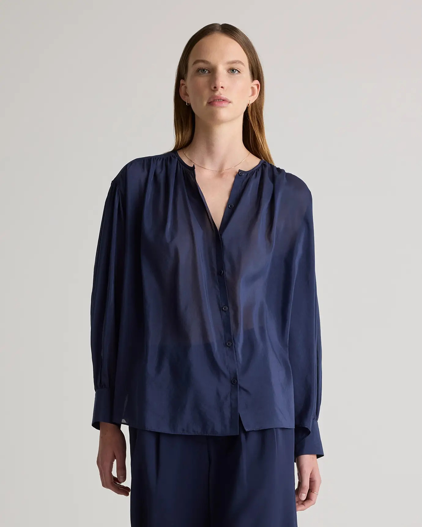 Cotton-Silk Voile Blouson Blouse in Dark Navy | Quince
