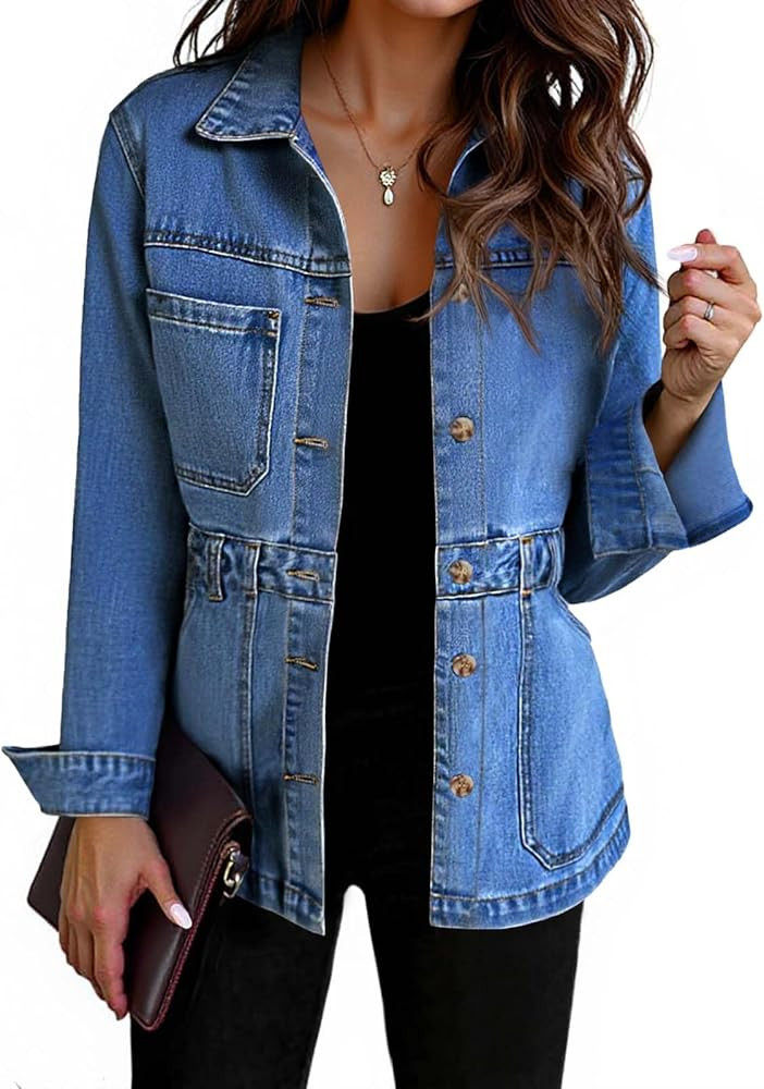Tankaneo Denim Jacket for Women Distressed Jean Jacket Button Down Oversized Shacket with Pockets | Amazon (US)