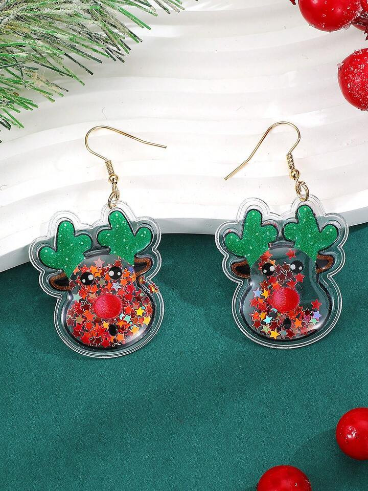 1pair New Sweet And Cute Star & Glitter Liquid Santa Claus, Christmas Tree, Cartoon Bell Ear Drop... | SHEIN