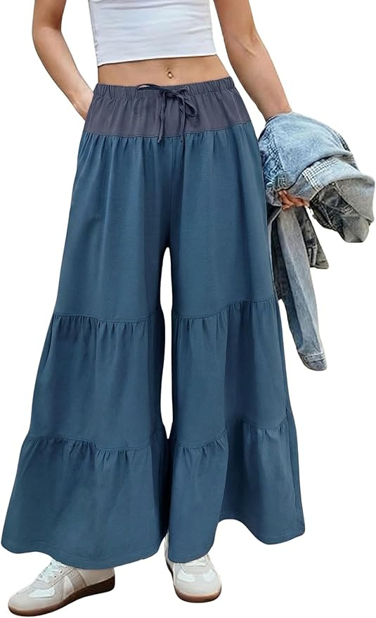 Hooever Women Wide Leg Palazzo Pants Flowy Boho Drawstring Waist Ruffle Hem Capris Bloomer Trouse... | Amazon (US)