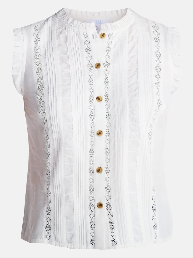 Time and Tru Women's Lace Inset Sleeveless Cotton Top, Sizes XS-XXXL | Walmart (US)