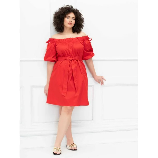 ELOQUII Elements Women's Plus Size Off-The-Shoulder Trapeze Dress | Walmart (US)