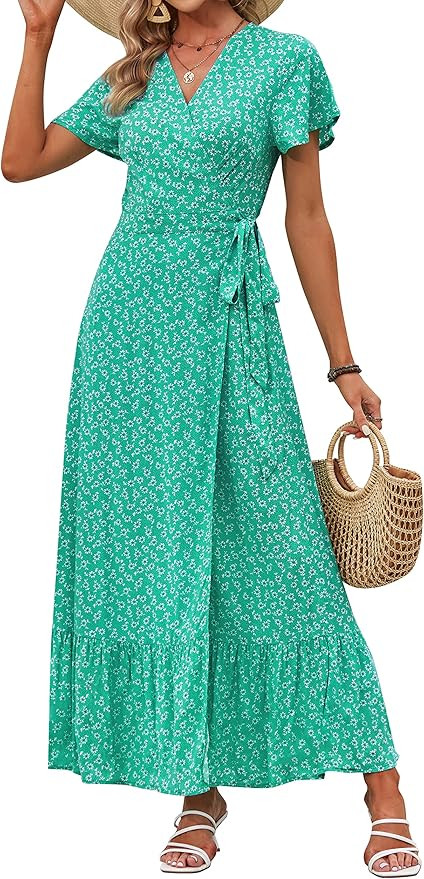 ZESICA Women's 2023 Bohemian Floral Printed Wrap V Neck Short Sleeve Split Beach Party Maxi Dress | Amazon (US)