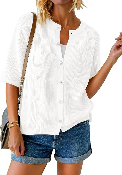Fisoew Womens Short Sleeve Cropped Cardigan Sweaters Button Down Lightweight Knit Blouse Tops Cas... | Amazon (US)