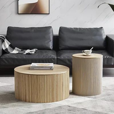 Japandi Round Wood Coffee Table Set of 2 with Storage in Natural-Homary | Homary