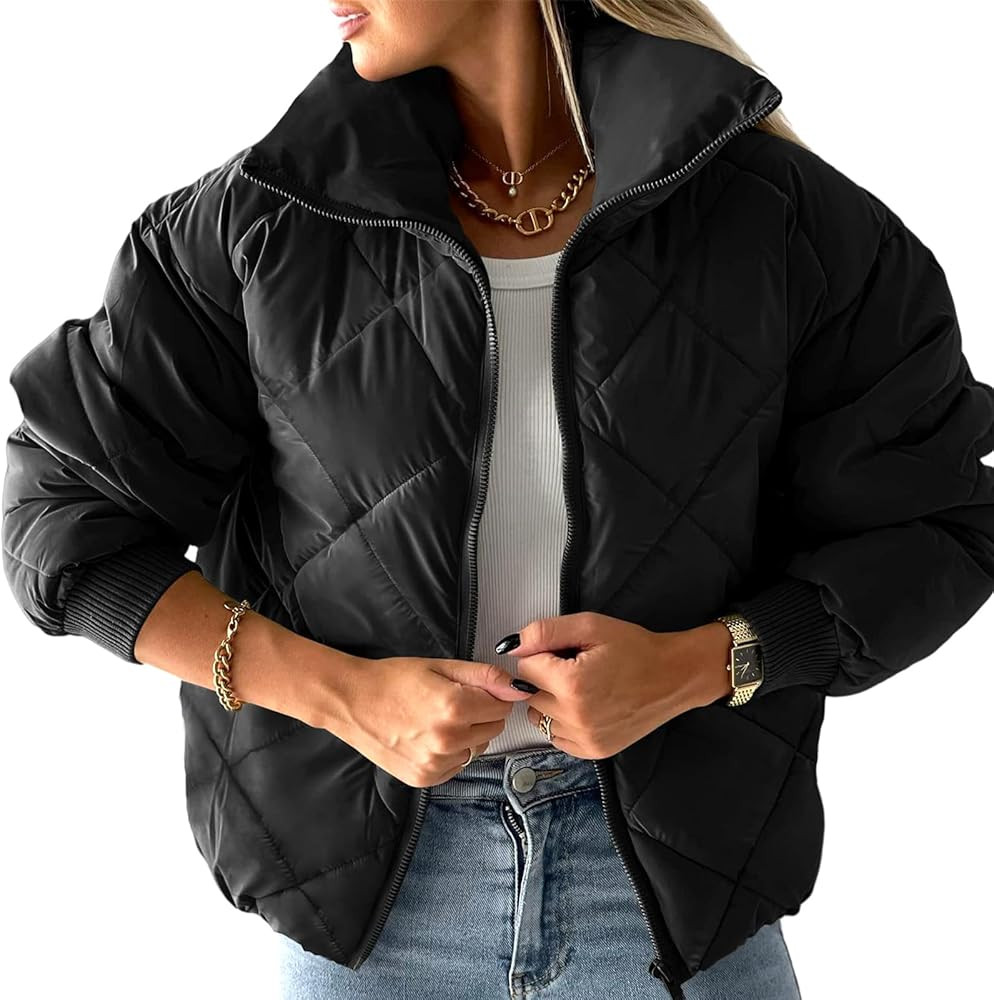 Gihuo Women's Long Sleeve Zip Up Puffer Jacket Winter Warm Cropped Jackets Oversized Padded Quilt... | Amazon (US)