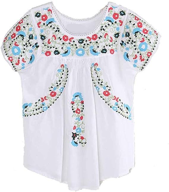 Kafeimali Women's Peasant Tops Mexican Blouse Flowers Embroidered Boho T Shirt | Amazon (US)