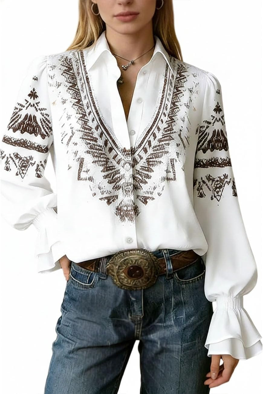 Women Boho Paisley Long Sleeve Ruffled Cuff Button Down Blouse | Amazon (US)