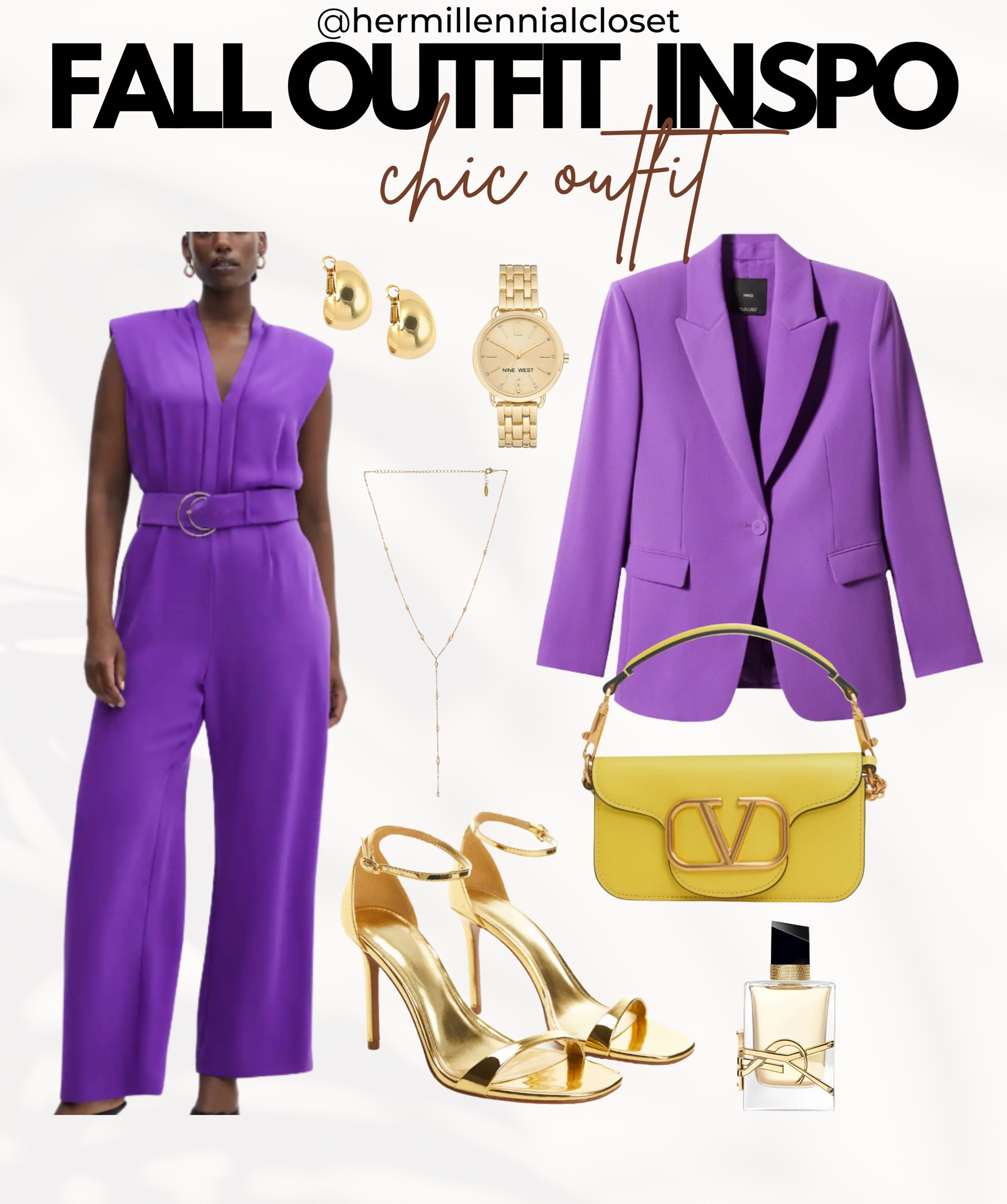 Colorful Purple, gold and Yellow outfit ideas inspo Radiant Hues: Purple, Gold, and Yellow Ensemble to Shine Bright ✨🍂

Embrace the vibrancy of fall with a dazzling combination of purple, gold, and yellow. Picture yourself in a chic jumpsuit adorned in regal purple, complemented by a sophisticated gold blazer that adds a touch of glamour. Elevate the ensemble with stunning gold strap heels, a bright yellow bag for that pop of color, and don't forget to accessorize with radiant gold jewelry. This outfit is a celebration of boldness and warmth, perfect for making a statement during autumn festivities. Shine bright and embrace the vivid colors of the season. #FallFashion #ColorfulEnsemble

#LTKstyletip #LTKshoecrush #LTKitbag