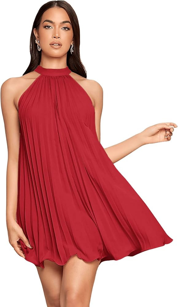 SweatyRocks Women's Casual Sleeveless Tie Back Halter Dress Mini Swing Pleated A-line Loose Dress | Amazon (US)