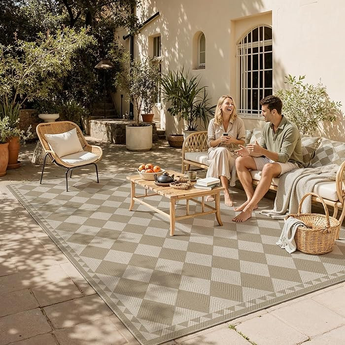 HUGEAR 8x10 Outdoor Rug Brown/Beige Linen-Look Fabric Checkered Area Rug High Traffic Stain Resis... | Amazon (US)