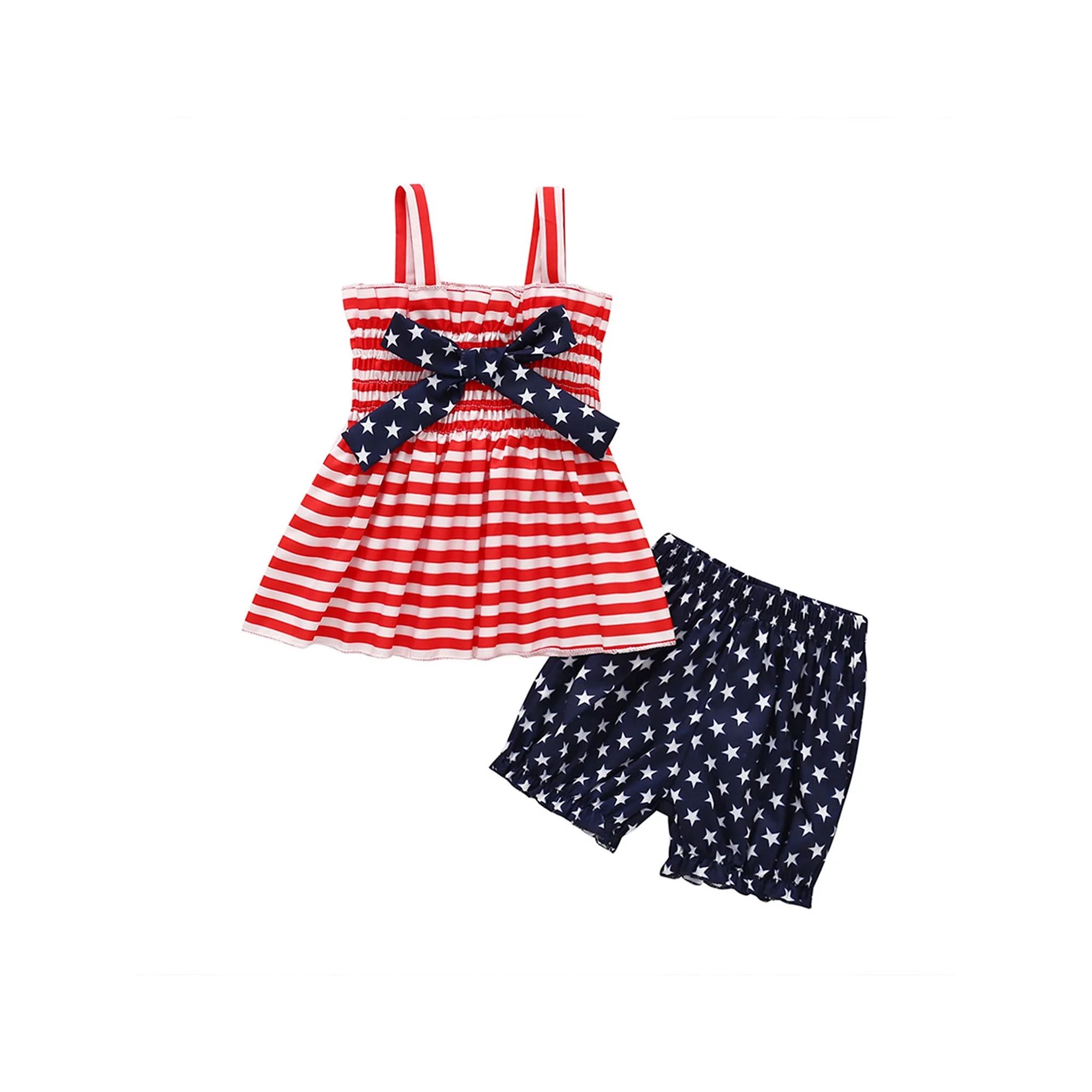 Baby Girl 4th of July Outfits, Stripe Bow Suspender Tops Shorts 2Pcs Independence Day Clothes | Walmart (US)