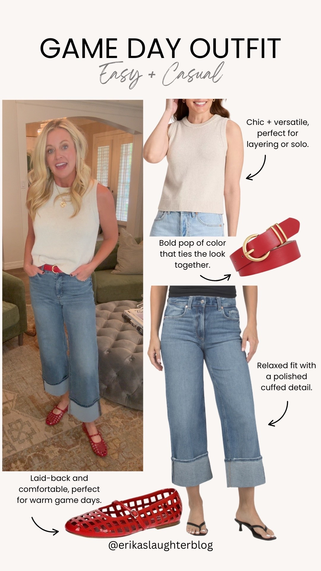 Easy, casual, and game day ready.  This look proves you don’t need to sacrifice comfort for style. A chic knit tank, relaxed cuffed jeans, and bold red accents make the perfect combo for cheering on the sidelines or heading out after.

#GameDay #CasualChic #LTKSeasonal #LTKStyle #LTKFinds #LTKOutfits #FallStyle #OOTD #LTKUnder50 #EasyStyle



#LTKShoeCrush #LTKStyleTip #LTKFindsUnder50