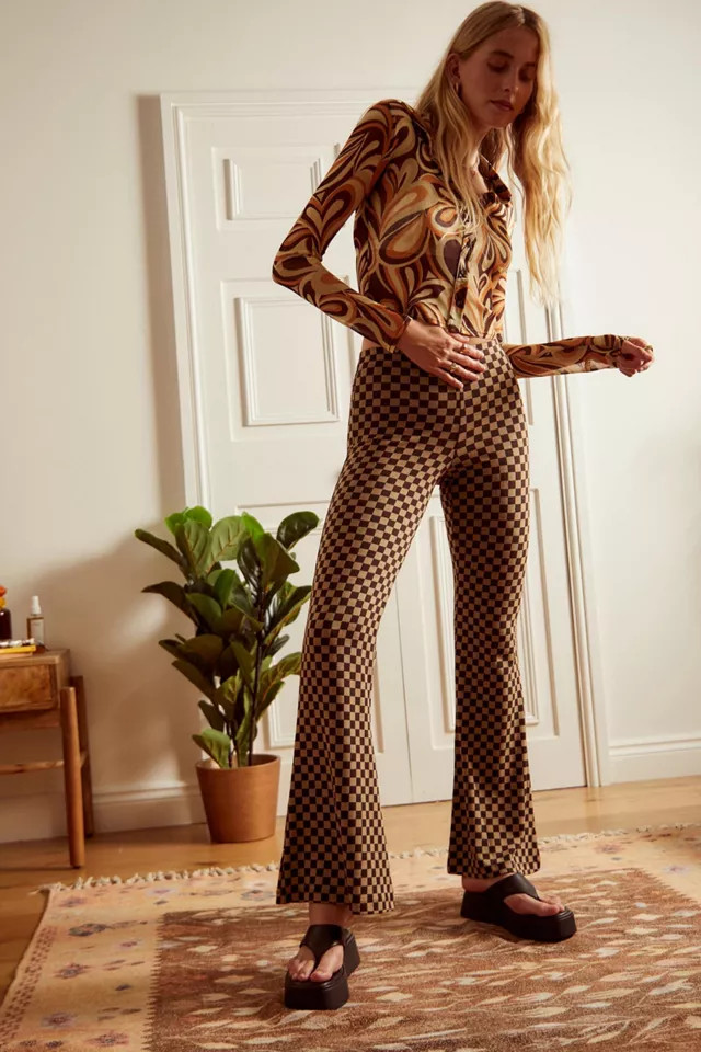 UO Brown Checkerboard Soft Flare Pant | Urban Outfitters (US and RoW)