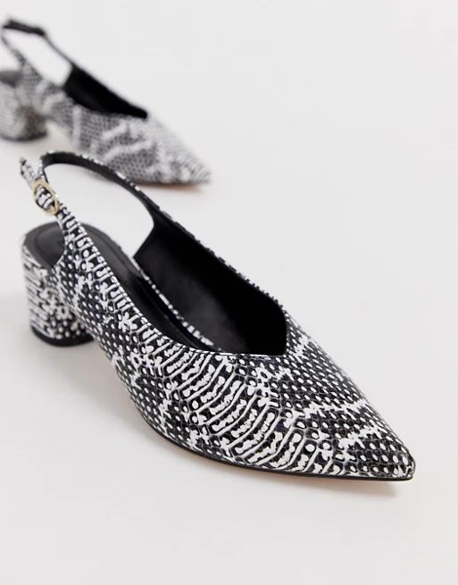 Miss Selfridge pointed block heel with sling back in snake print | ASOS US