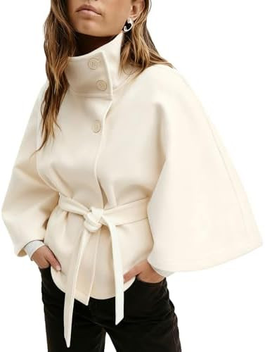 Zoziiee Womens Batwing Sleeve Poncho Pea Coats Elegant Stand Collor Capes Jacket Cloak Belted Fal... | Amazon (US)