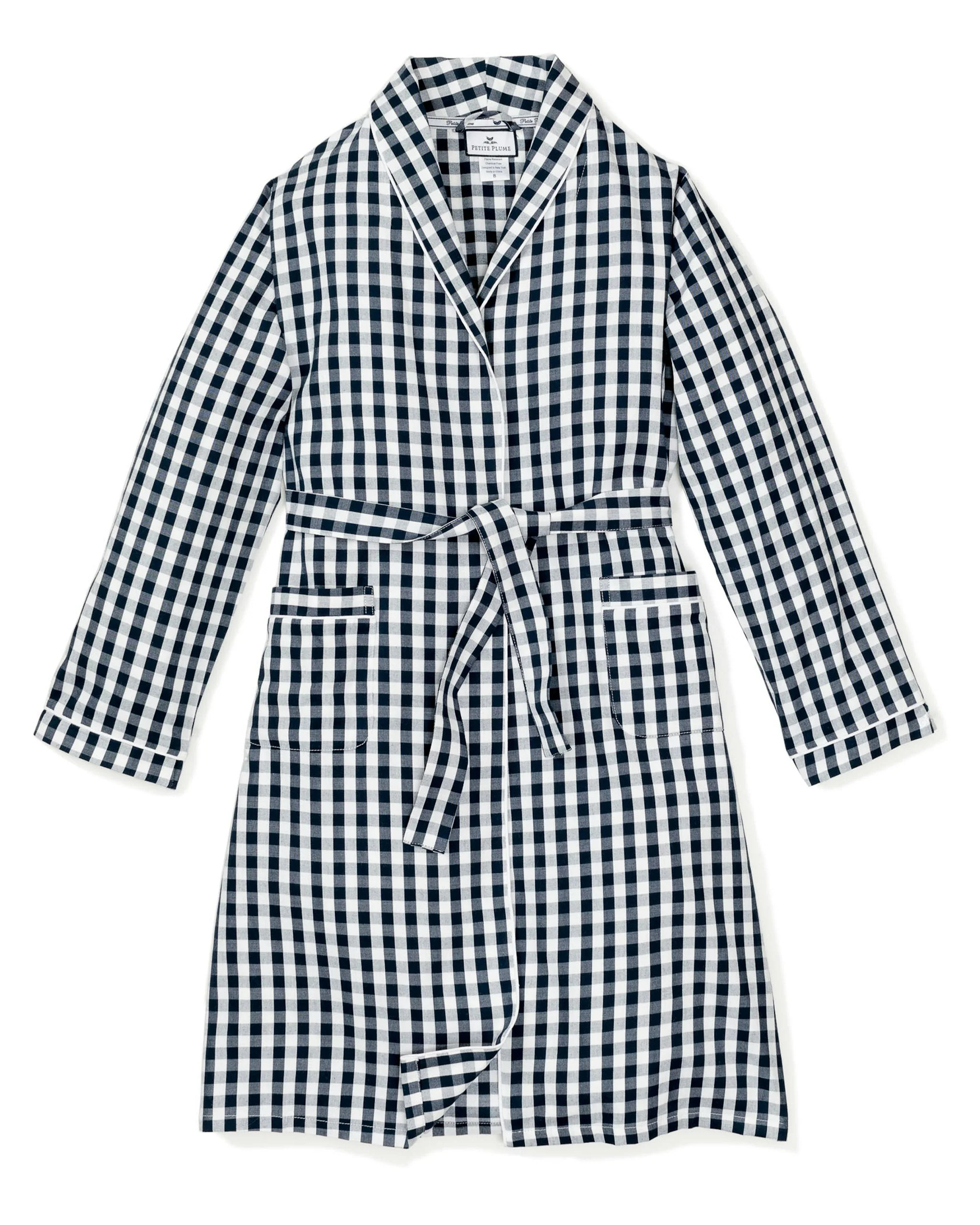 Women's Twill Robe in Navy Gingham | Petite Plume