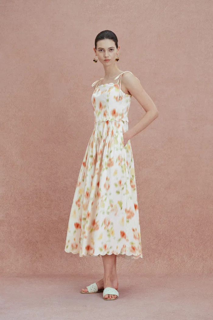 Julia Scalloped Hem Flora Strap Dress in Stretch Cotton | Fabrique