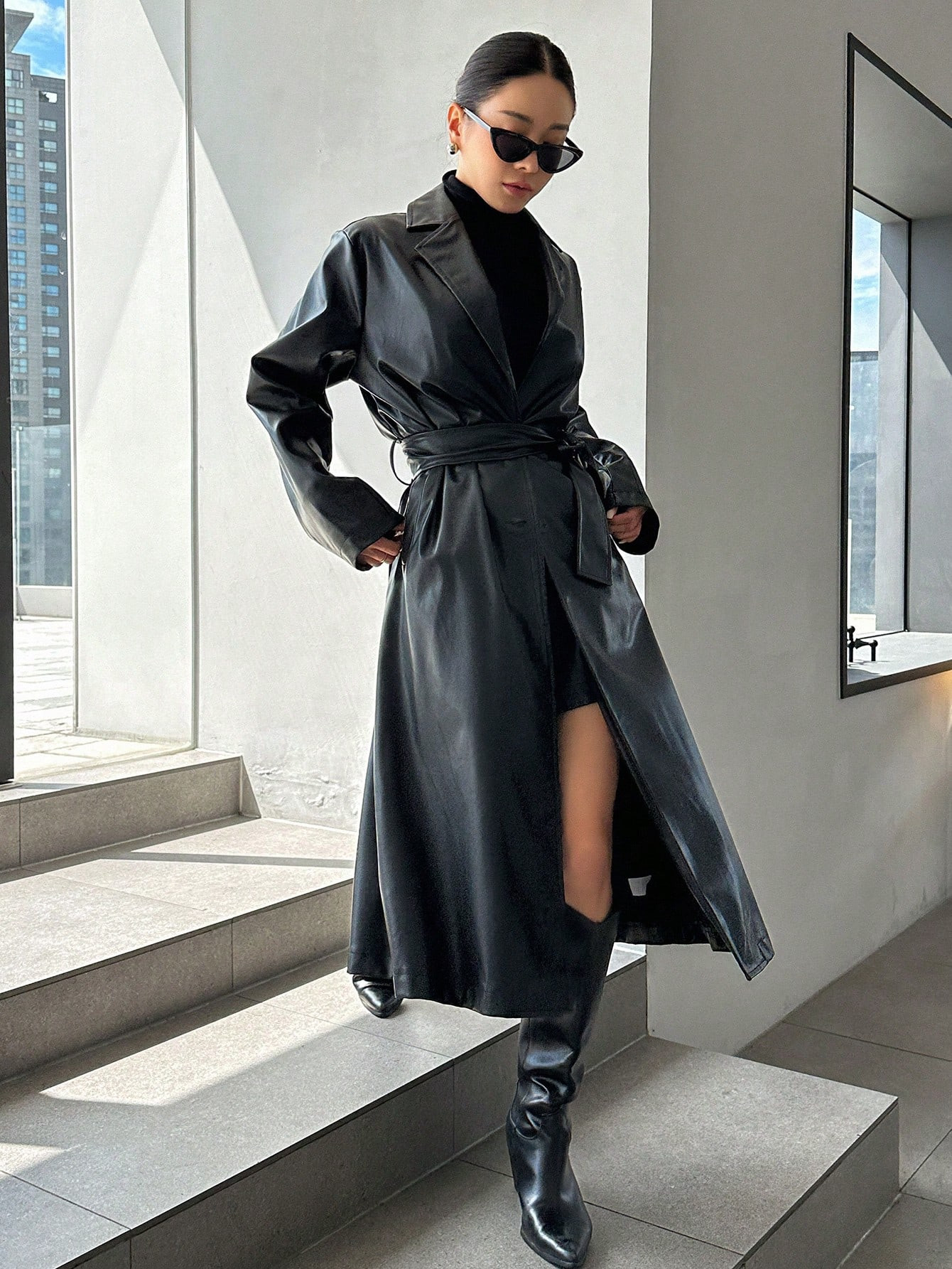 DAZY Lapel Neck Belted PU Leather Trench Coat | SHEIN